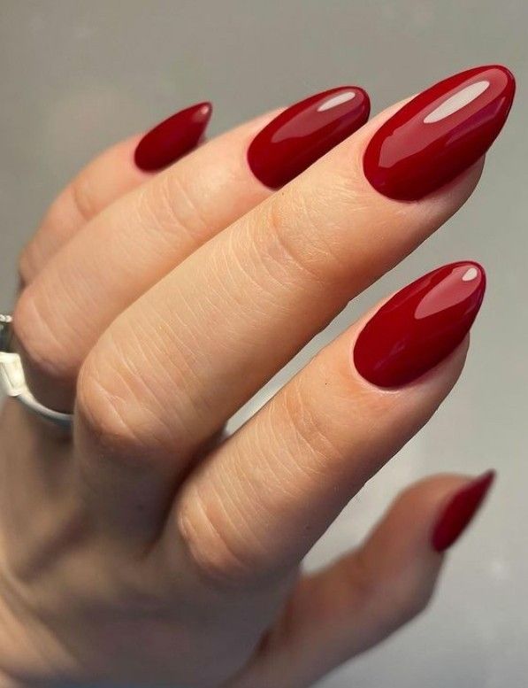 Round Nails Red, Boston University Red Nails, Red Solid Nails, Brick Red Nails, Oval Nails Red, Solid Red Nails, Red Nails Classy, Ruby Red Nails, Almond Red Nails