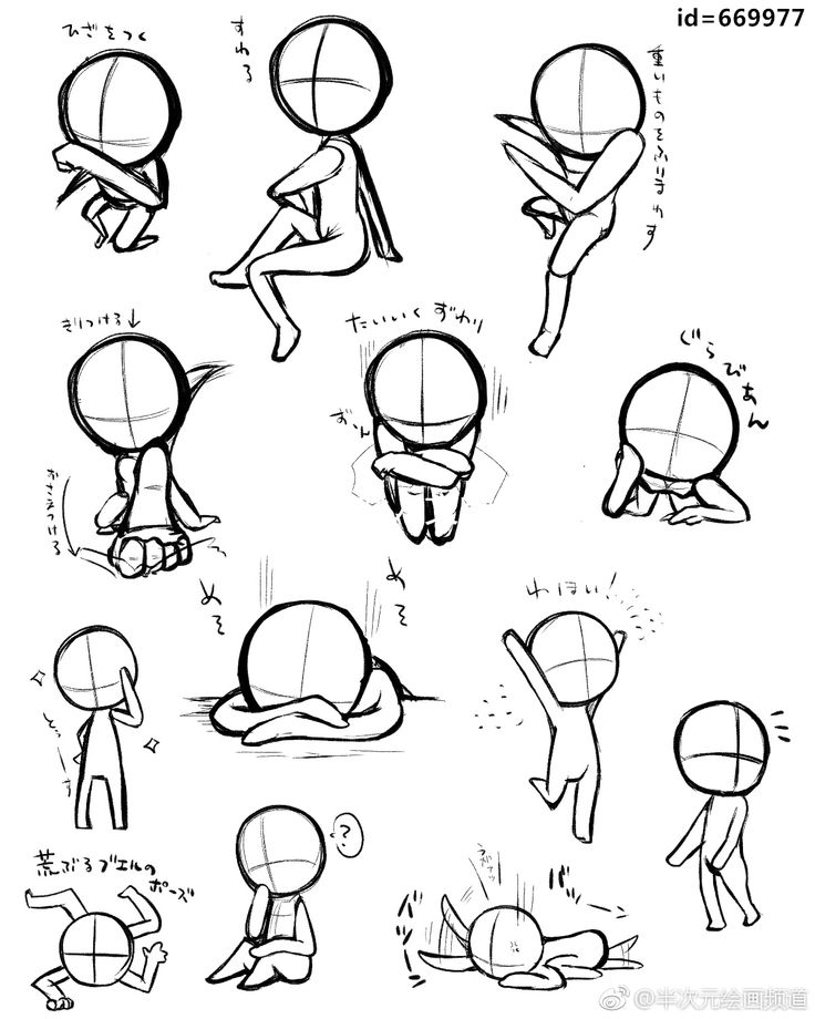 various poses and expressions for cartoon character design, including the head, shoulders, arms, legs