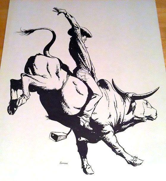 a black and white drawing of a man riding a bull