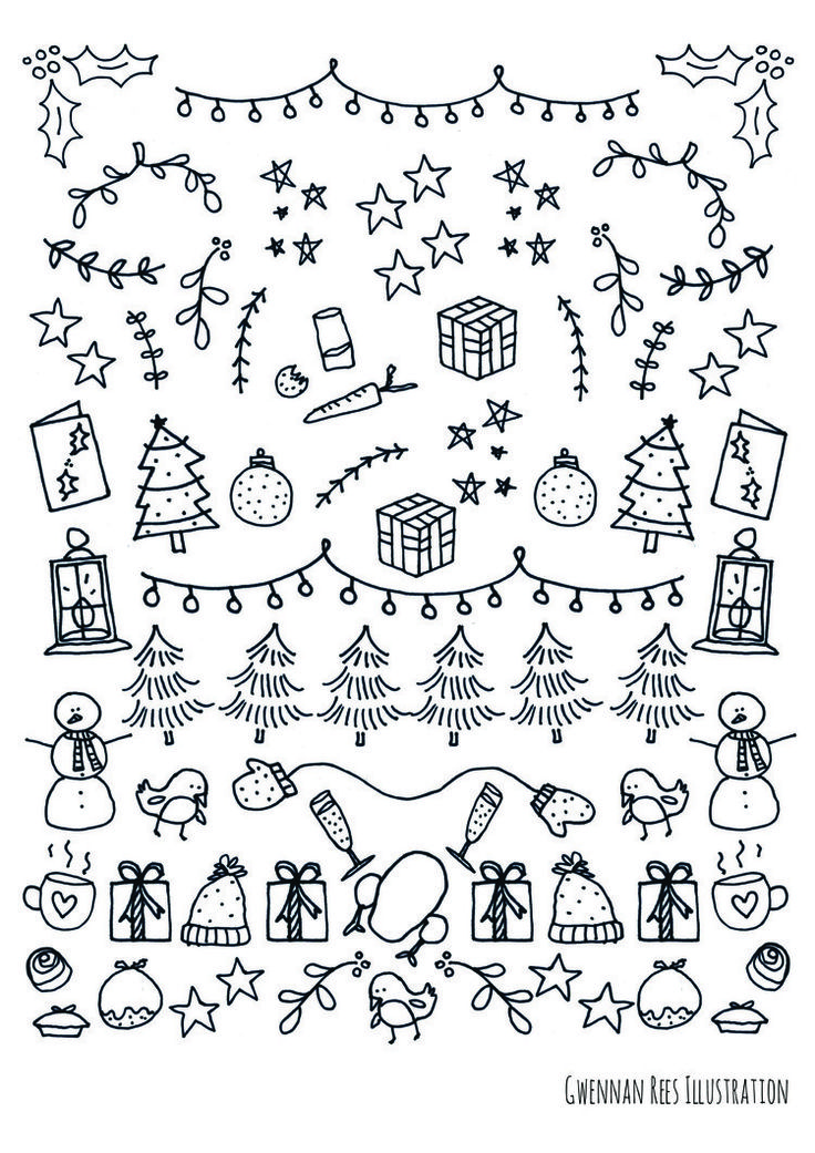 christmas doodles with presents, gifts and stars on them in black and white