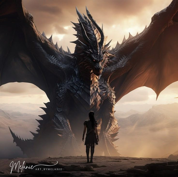 a man standing next to a giant dragon on top of a mountain under a cloudy sky