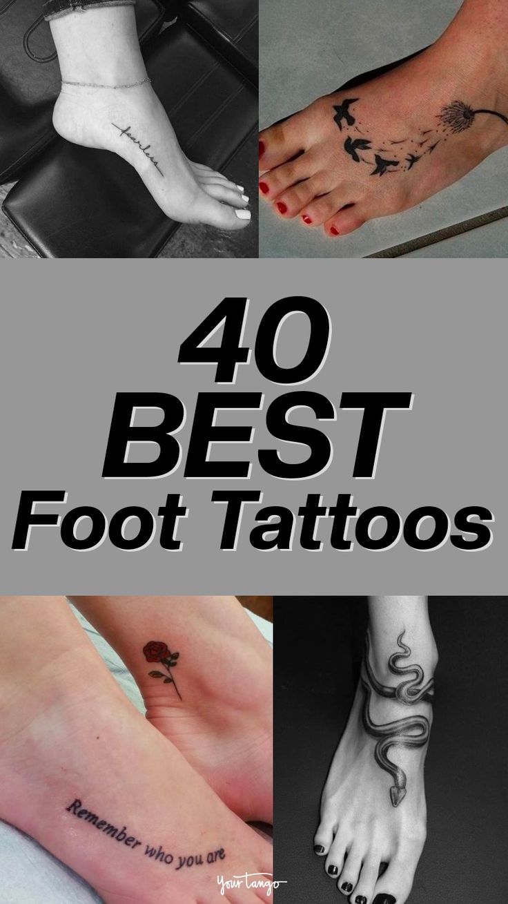 four different foot tattoos with the words 40 best foot tattoos written on them and below