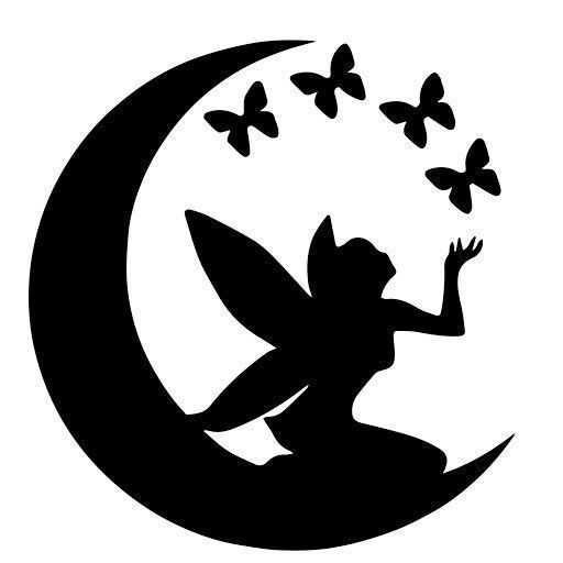 a silhouette of a fairy sitting on the moon with butterflies in her hand and flying around