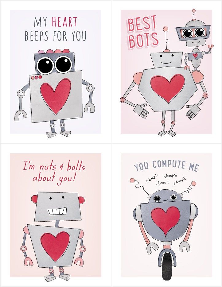 four greeting cards with robots holding hearts and the words'best bots'written on them