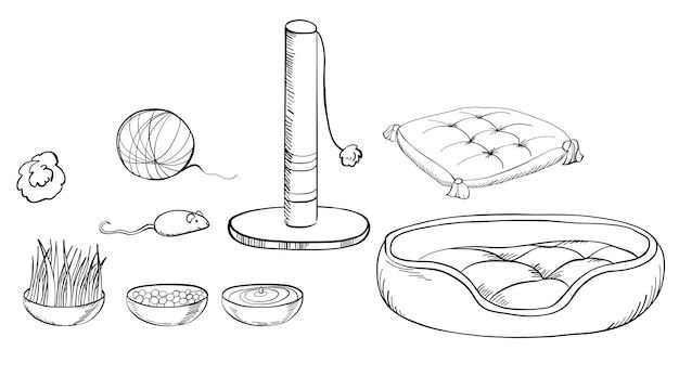 an ink drawing of various items used to create a dog bed and food bowl for dogs