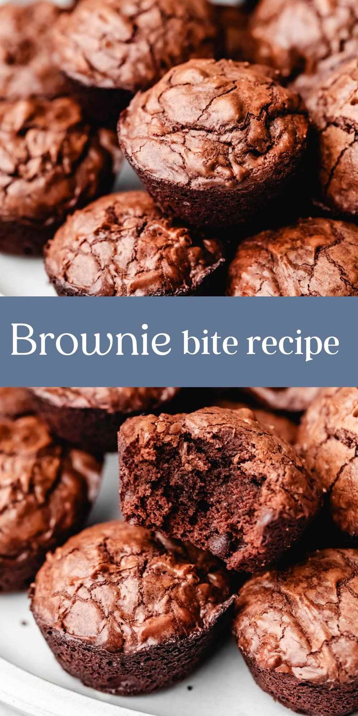 chocolate brownie bite recipe on a white plate with the title in blue overlay