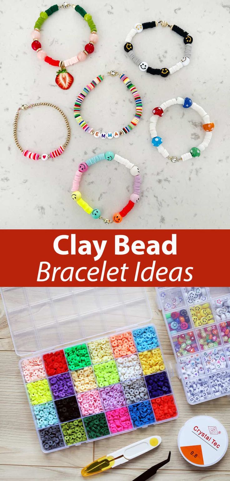 an assortment of clay bead bracelets on a table with scissors and other crafting supplies