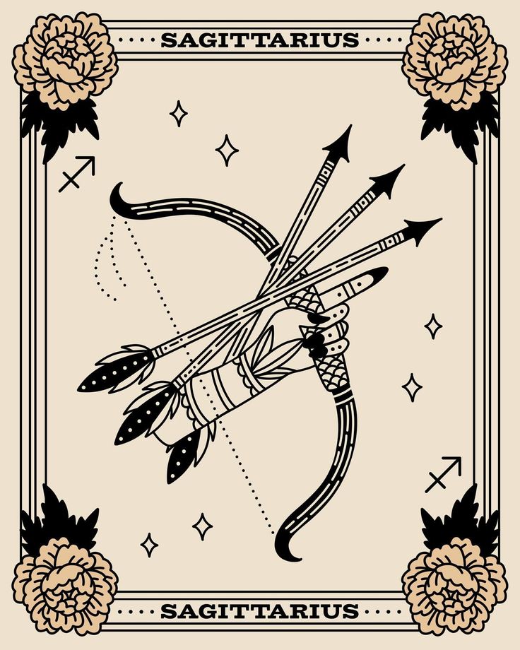 the sagittatus tarot card with flowers and arrows on it, as well as