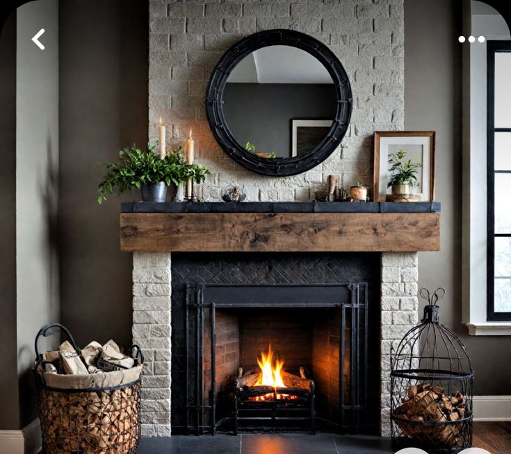 a living room with a fire place and mirror