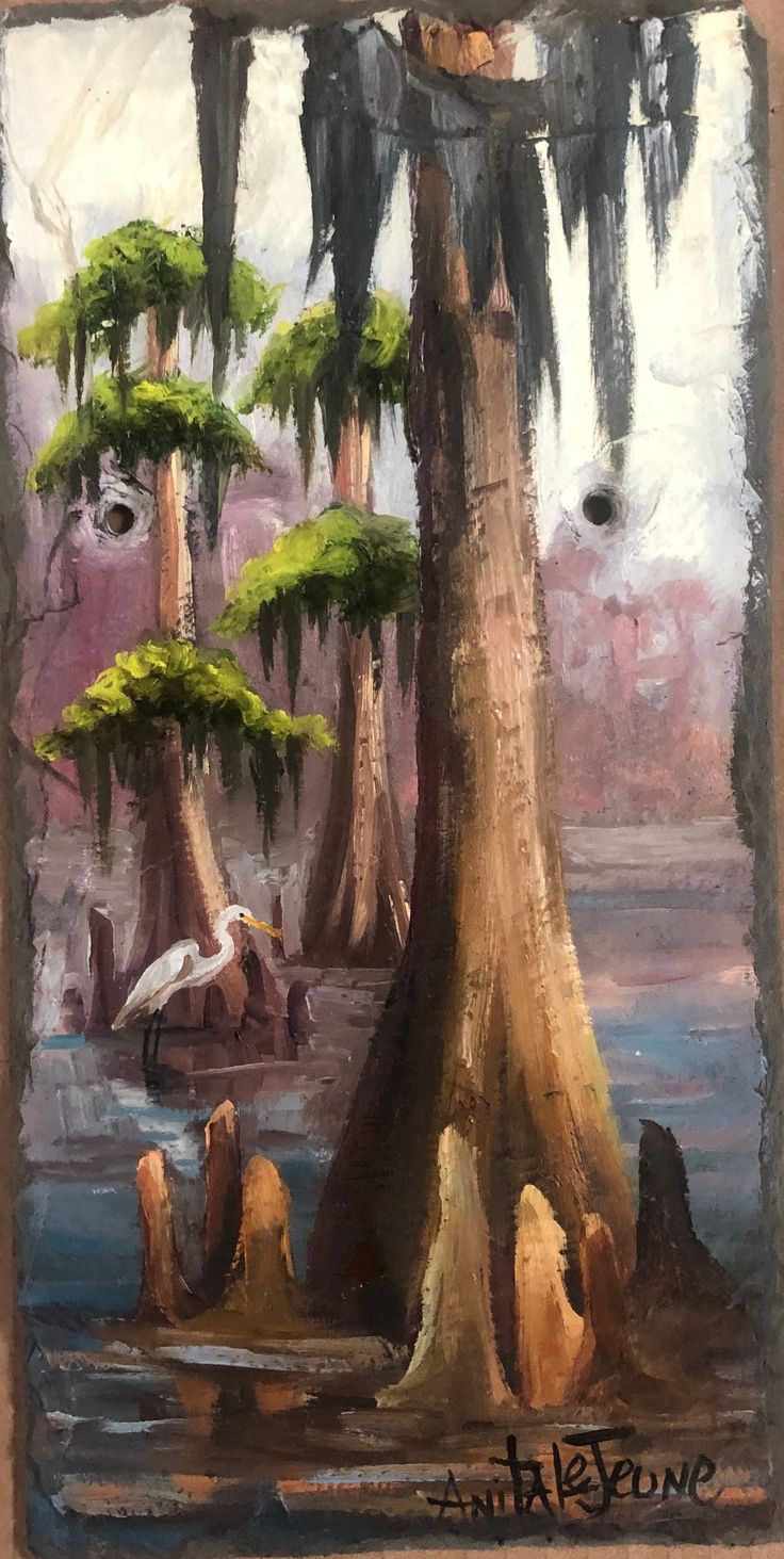 an oil painting of trees and water with birds in the foreground, surrounded by spanish moss