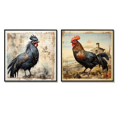 two framed pictures of roosters on a white background