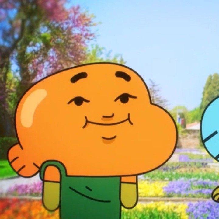 an animated image of a smiling orange holding a green watering can in front of a garden