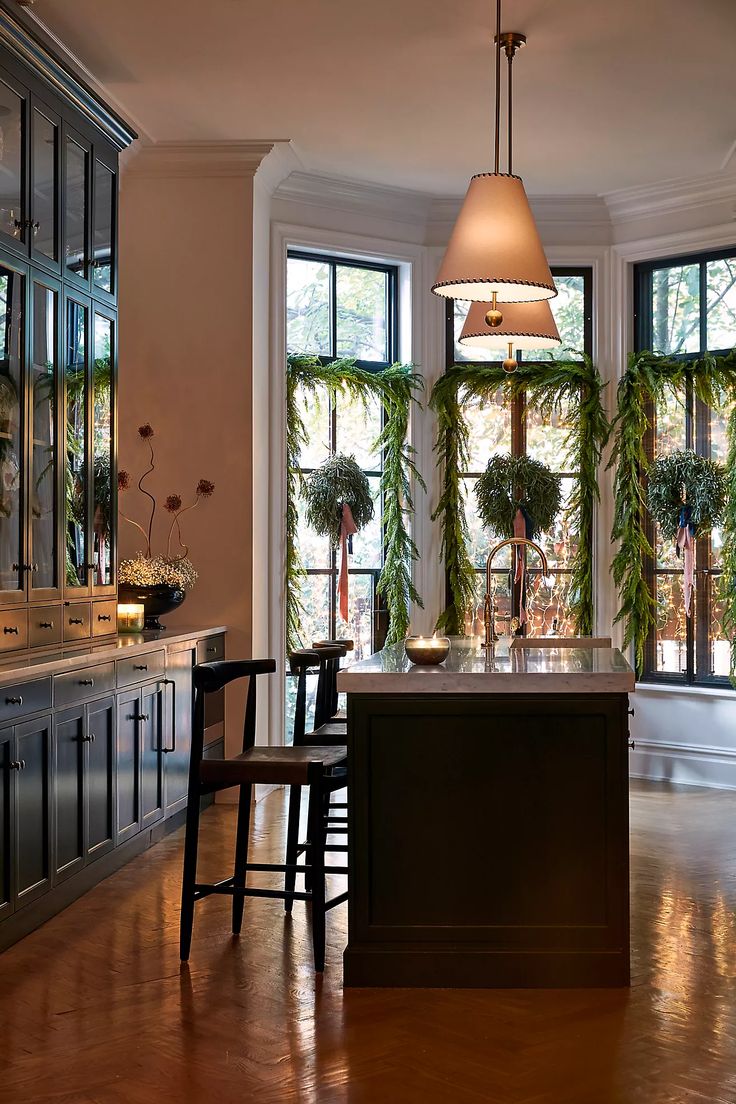 a kitchen with an island and lots of potted plants in the window sill