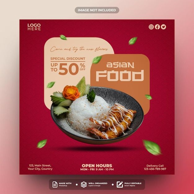 PSD asian food social media post templat... | Premium Psd #Freepik #psd Creative Social Media Post Design Discount Ideas, Food Posts Design, Food Post Ideas Instagram, Food Posts Instagram, Food Design Graphic, Food Creatives Social Media, Food Creative Post, Food Poster Design Ideas, Food Poster Design Graphics