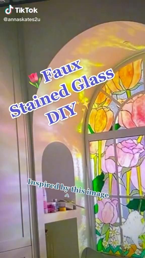 a stained glass window with flowers on it and the words, faux stained glass diy