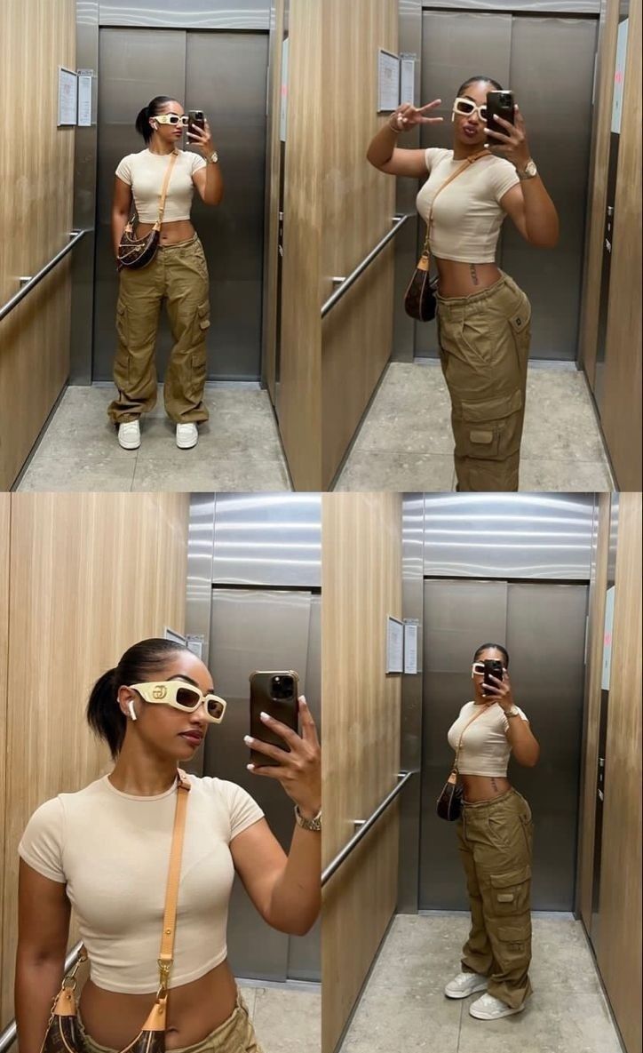 Beige Cargo Pants Outfit Black Women, Cute Style Outfits Girly Tomboy, Black Women Casual Fashion, Girls Outing Outfit, Thick Girlfriend Outfits Spring, Mirror Selfie Cartoon, Woman Doodle, Selfie Cartoon, Drawing Mirror