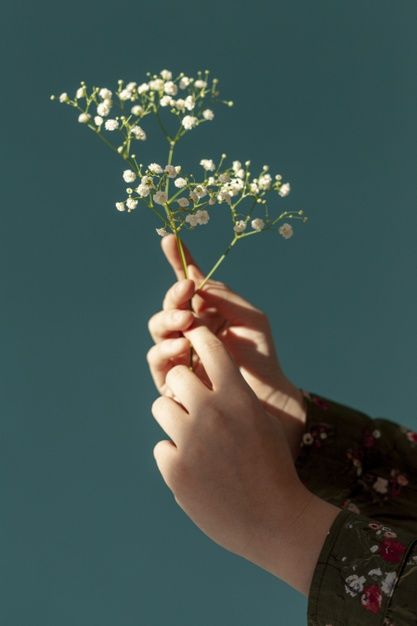 a person holding a small white flower in their hand with the sky behind them,