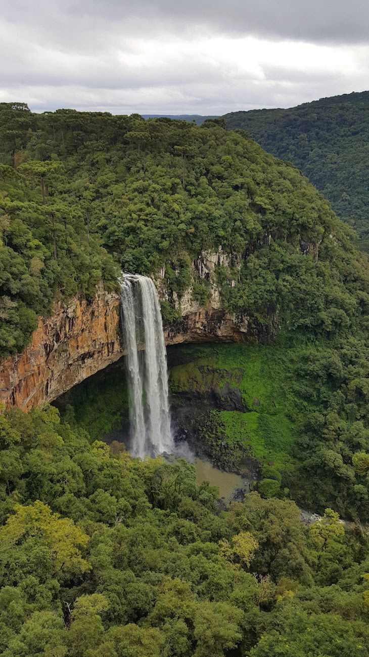 an aerial view of a waterfall in the middle of green trees and bushes, with water falling from it's side