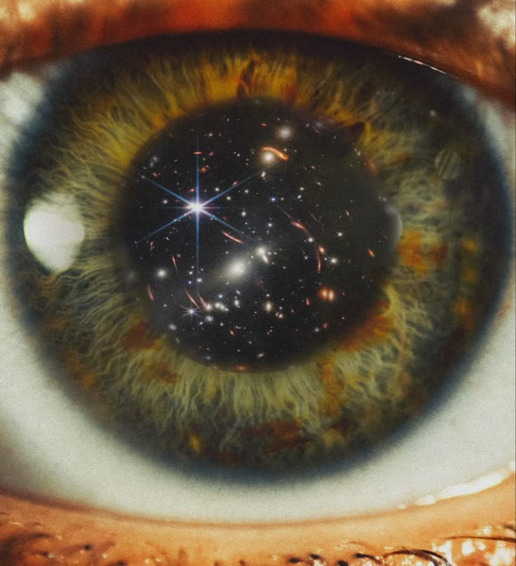 an eye looking at the stars in the sky with it's iris partially open