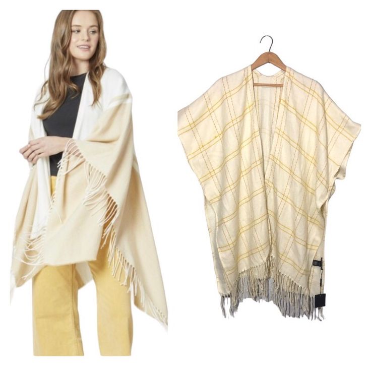 Do Everything In Love | Off-White With Mustard Stripes Ruana Fringed Shawl Wrap Nwt One Size Fits Most Approximately 30" L 100% Acrylic Fringe Trim Knit New With Tags! Underarm To Underarm: 34 Inches Length: 35 Inches Beige Fringed Shawl For Winter, Bohemian Beige Shawl With Fringe, Winter Fringe Shawl Scarf, White Bohemian One-size Shawl, Casual One-size Shawl With Fringe, Mint Green Scarf, Boho Shawl, Do Everything In Love, Fringe Shawl