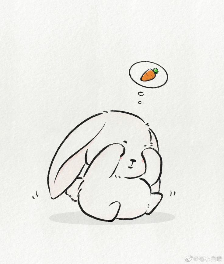 a drawing of a bunny sitting in front of a carrot thought bubble