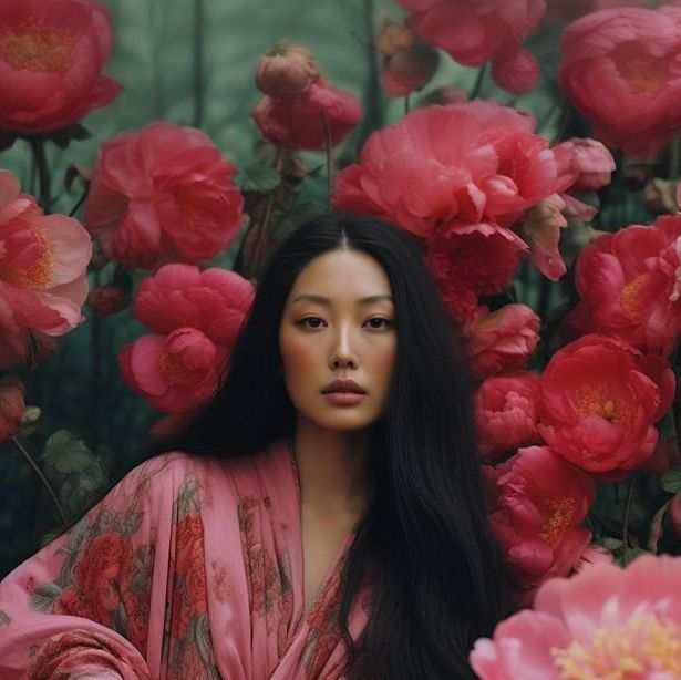 a woman with long black hair standing in front of pink flowers