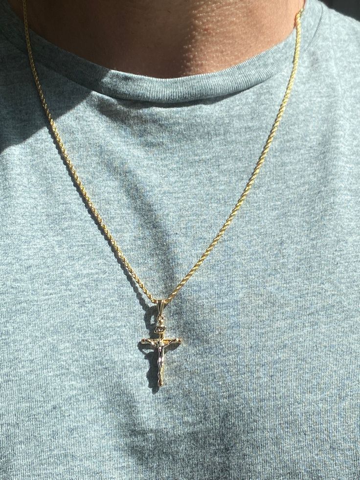 "18kt Gold Filled Cross Charm Necklace Chain Options and Lengths are available below. Chain thickness is between 2-2.5mm. For KIDS: We recommend 16\" For MEN: We recommend 24\" Chain can have a .5\" variation. Please size up if necessary. Top to Bottom: Option 1: Curb Chain Option 2: Rope Chain Option 3: Mariner Link Material: 18 Karat Gold Filled, Hypoallergenic. Tarnish Resistant. Gold-filled does not de-laminate or peel like Gold plated Jewelry nor does it tarnish as readily as silver. Genera Men's Crucifix Necklace, Men’s Crucifix Necklace, Cross Necklace For Men Gold, Gold Chain With Cross For Men, Cross Jewelry Men, Crucifix Necklace Mens, Mens Cross Necklace Gold, Gold Crucifix Necklace Men, Mens Gold Cross Necklace