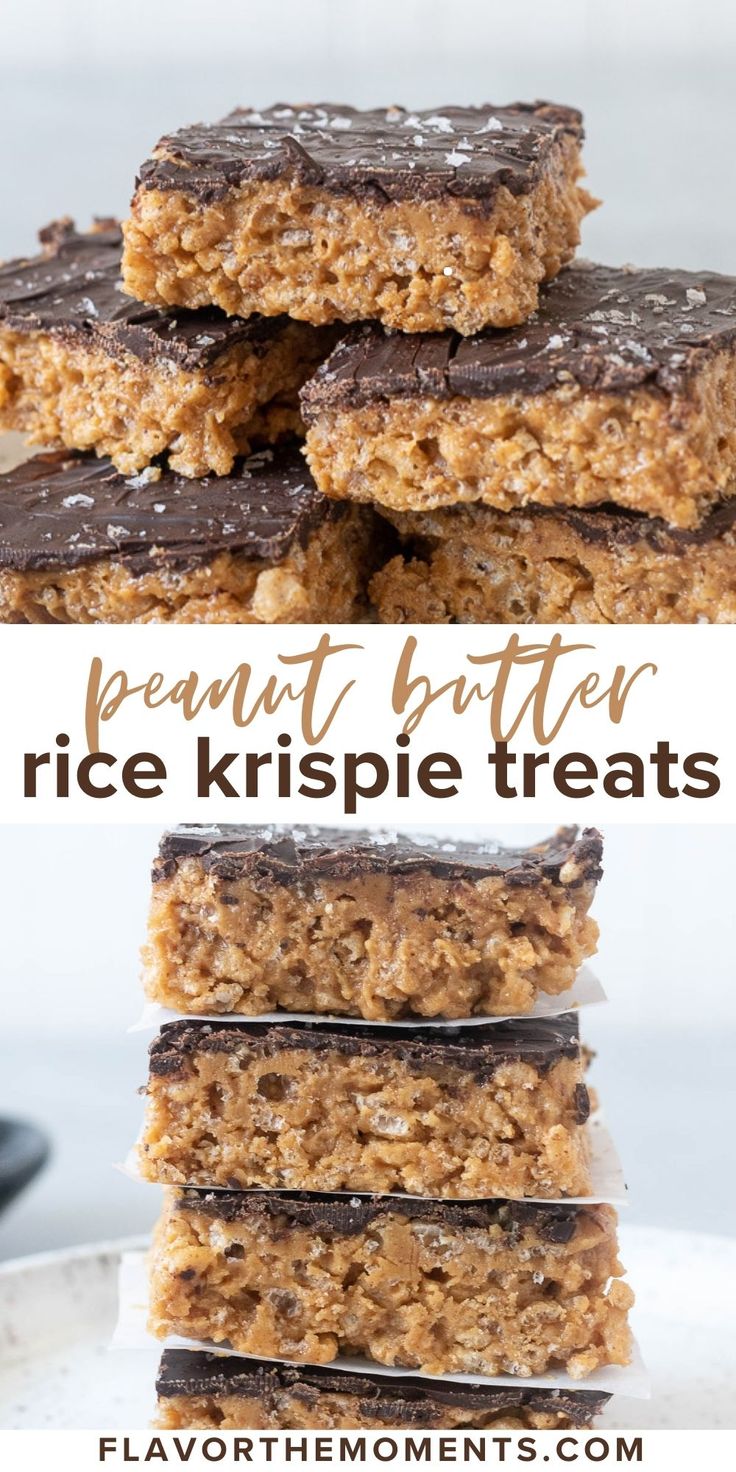 peanut butter rice krispie treats stacked on top of each other with text overlay