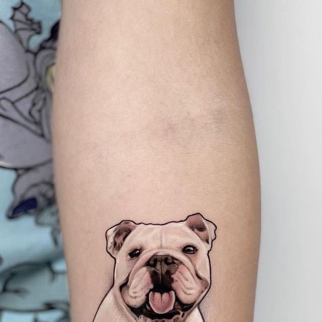 a bulldog tattoo on the right thigh