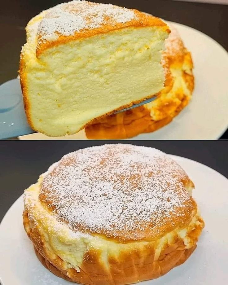 two pictures of a cake being cut and served on a white plate with a knife