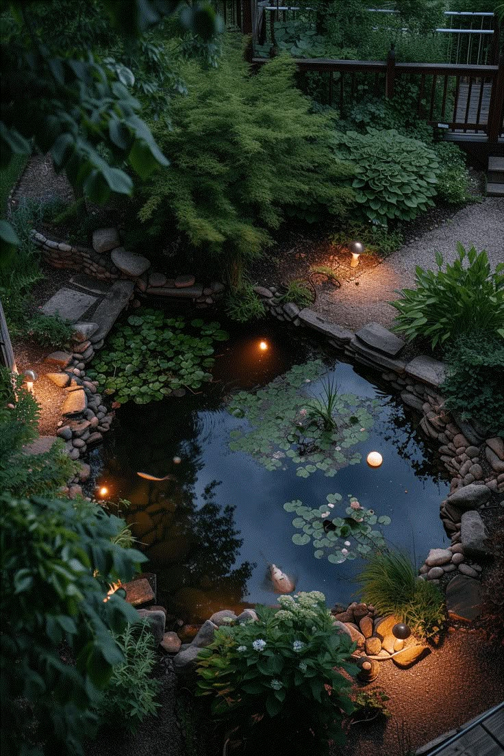 a pond surrounded by rocks and lit up with lights