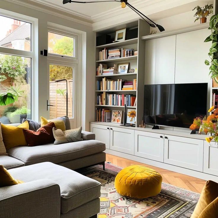 a living room filled with furniture and a flat screen tv on top of a book shelf