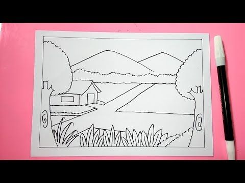 a coloring book with a drawing of a house on the water and mountains in the background