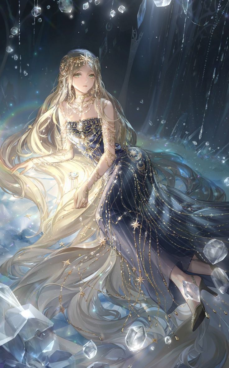 a woman in a blue dress sitting on top of a cloud filled sky with bubbles