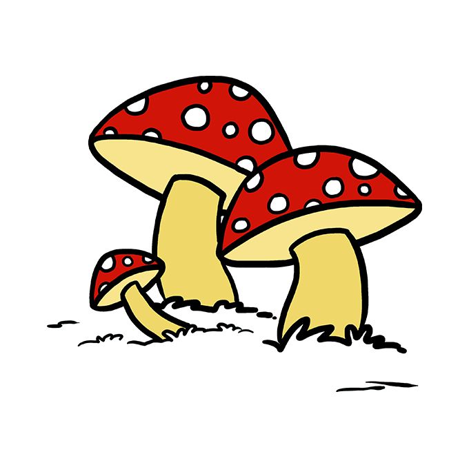 a red and white mushroom with polka dots on it's cap sitting in the grass