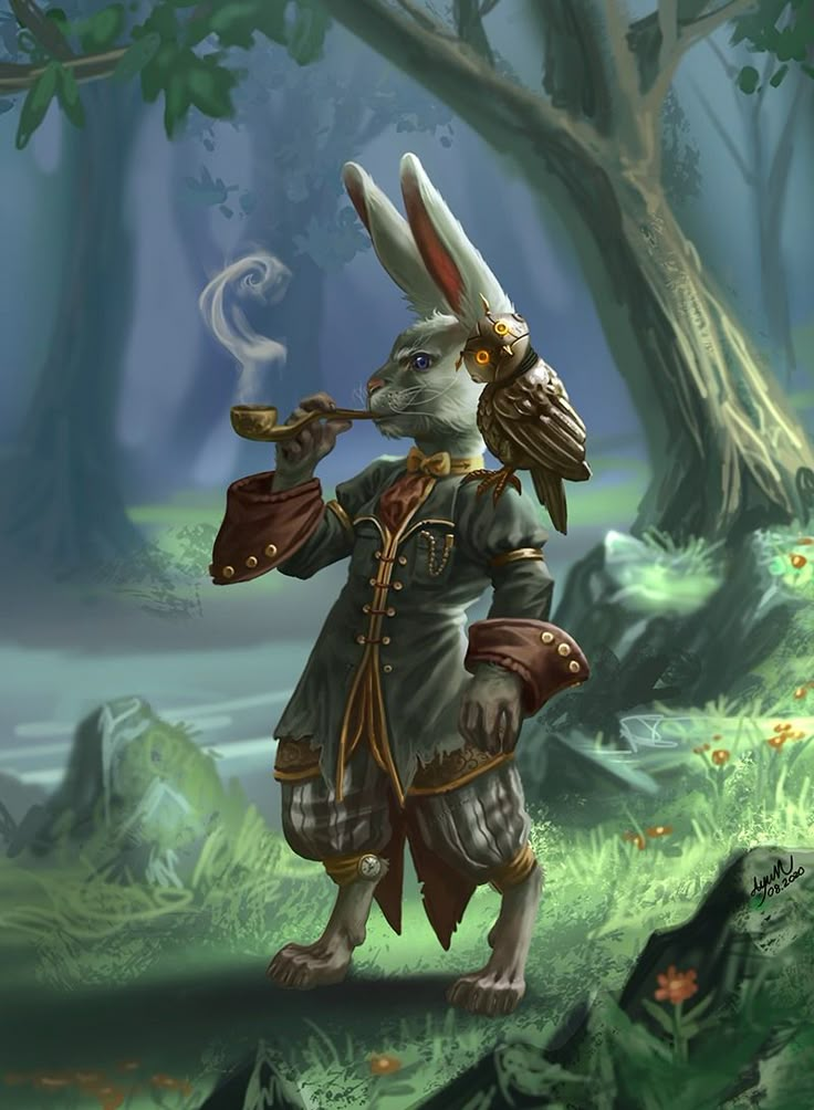 a rabbit dressed as a wizard with a pipe in his mouth standing in the woods