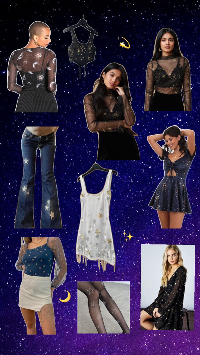 a collage of photos with different outfits and stars on the night sky, all in black