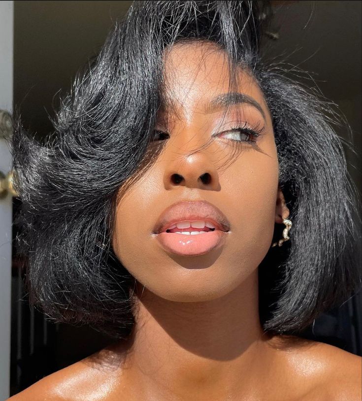 Short Hair Curls Black Women, 90s Blowout Bob Black Women, Short 4c Hair Straightened Styles, Voluminous Bob Black Women, 4c Bob Haircut, Blowout On Short Hair Black Women, Short 4c Silk Press, Natural Hair Blowout Short, Bob Natural Hair Black Women