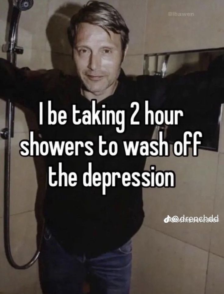 a man standing in front of a shower with the words i be taking 2 hour showers to