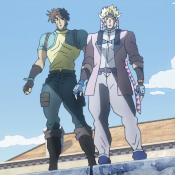 two anime characters standing on top of a roof