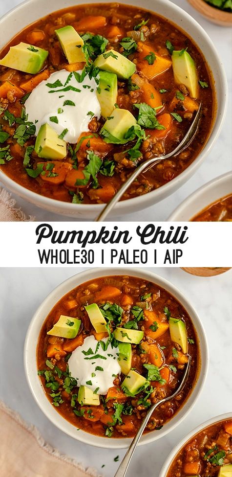 two bowls of pumpkin chili with avocado and sour cream in the top one