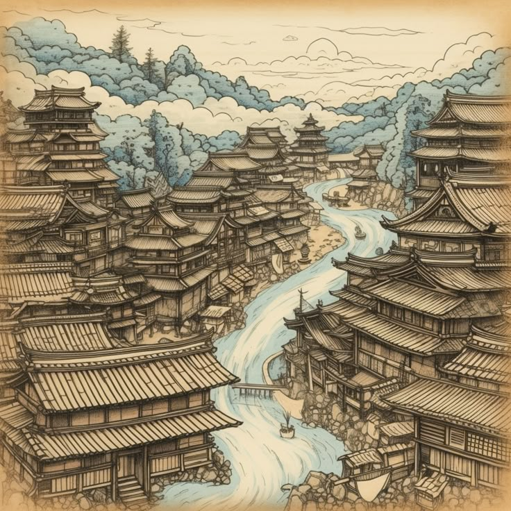 Samurai Village Concept Art, Old Japanese Architecture, Japanese Village Drawing, Japanese Village Concept Art, Japanese Old Painting, Old Japanese Village, Old Japanese Aesthetic, Japanese Old Art, Japanese Sketch Art