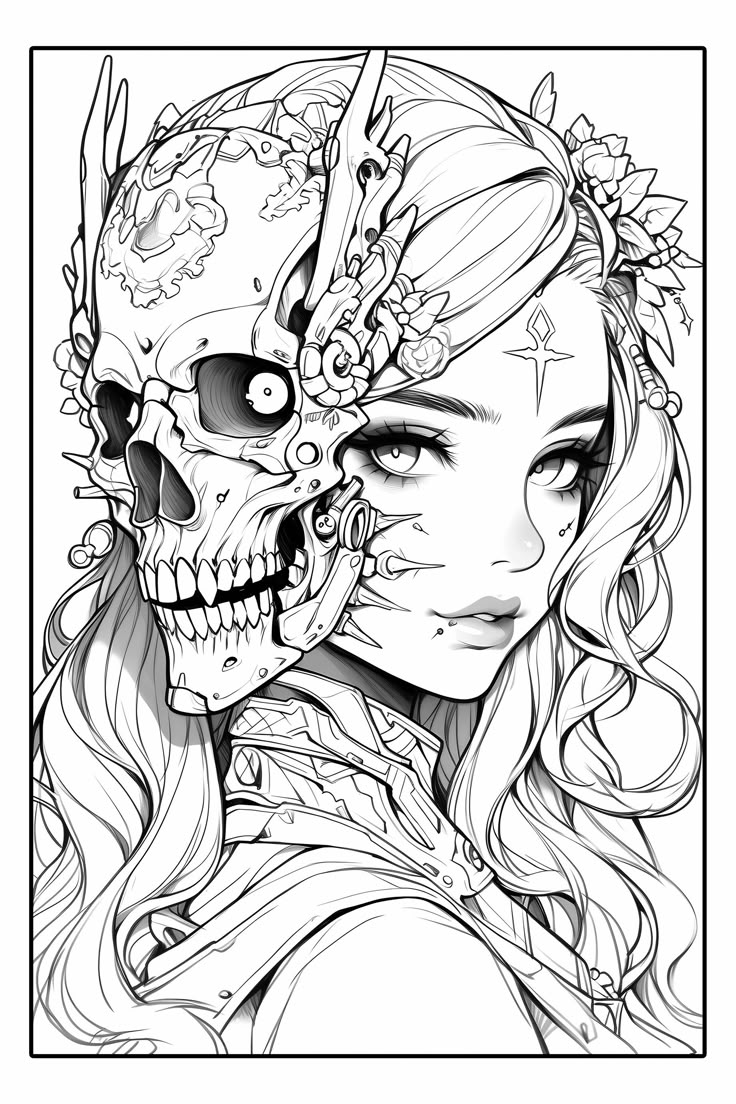 a drawing of a woman with a skull on her head and flowers in her hair