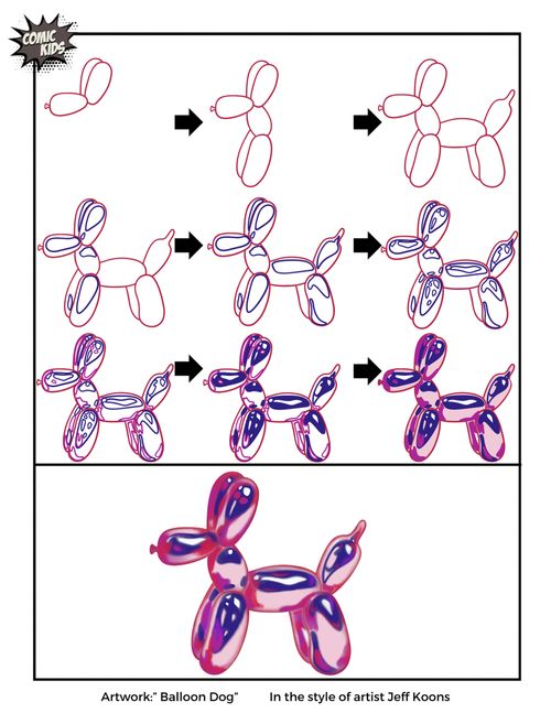 an image of balloon dogs in the style of jeff koons, with instructions on how to draw them