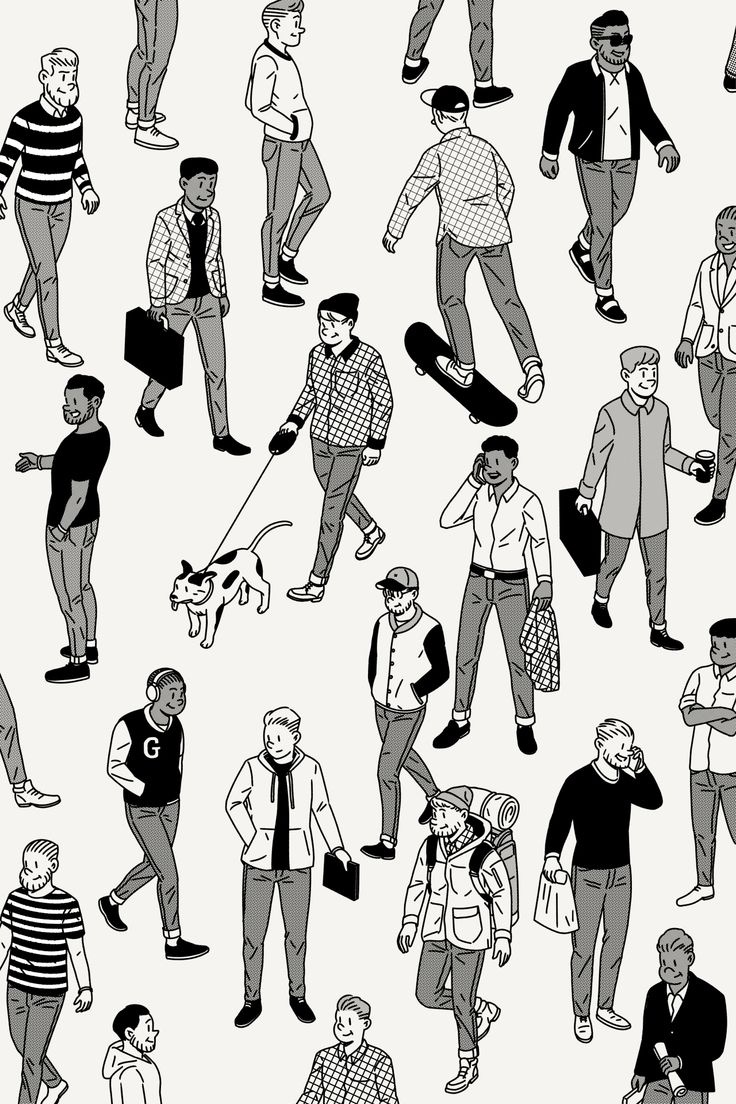 black and white drawing of people in different poses