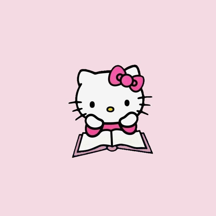 hello kitty reading a book with a bow on her head and pink hair in the middle