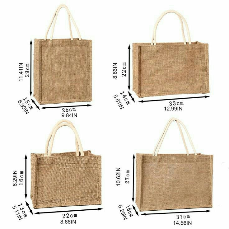 three sizes of jute bags with measurements for each bag and the size to choose from