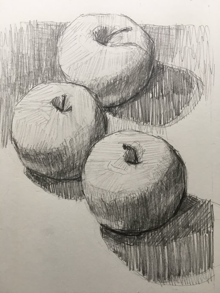 pencil drawing of three apples sitting on top of each other in front of a white background