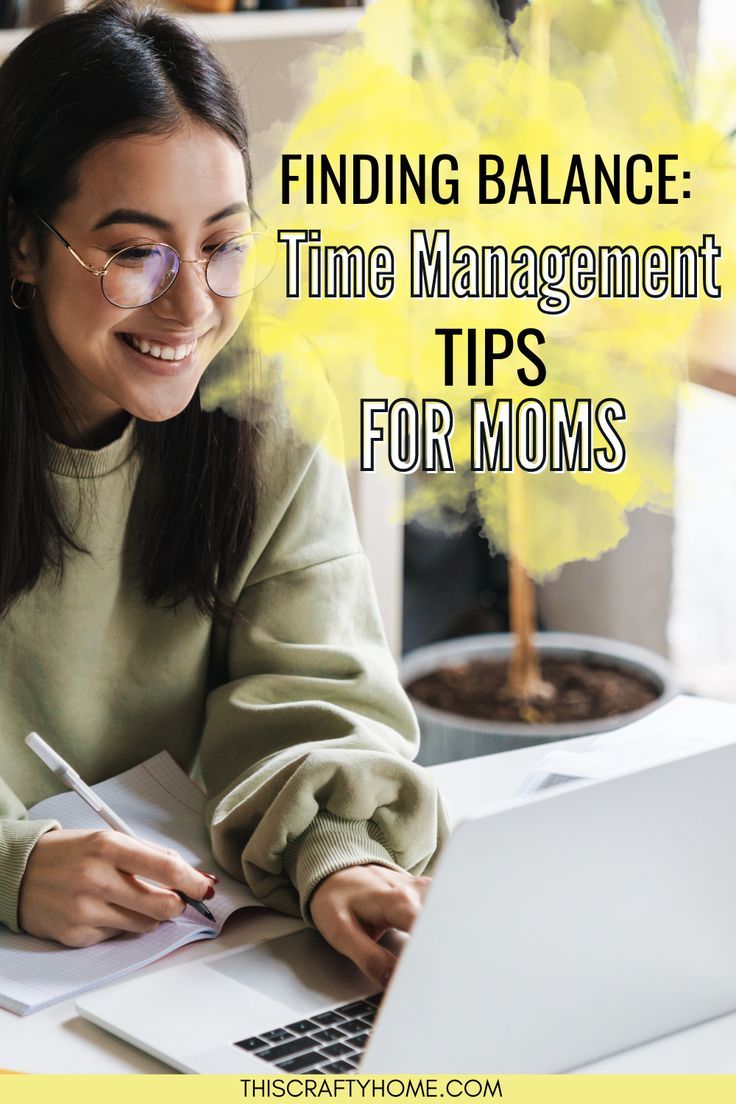 a woman sitting in front of a laptop computer with the words finding balance time management tips for moms