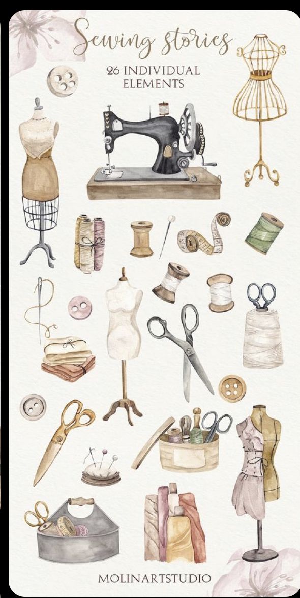 sewing supplies are shown in this watercolor painting printable set, which includes an old sewing machine and other items